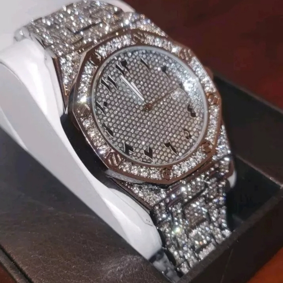 Men's Iced Simulated Diamond CZ Silverplated Alloy Arabic Numeral Quartz Watch - Picture 2 of 16